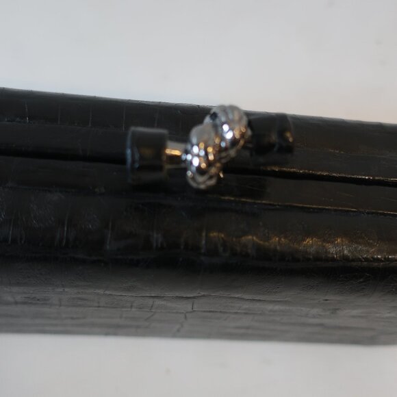 Womens Bloomingdale's Black Croc Embossed Leather Pochette Notch Clutch Handbag - Picture 12 of 12